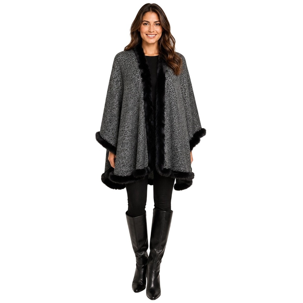 V. Fraas Rabbit Fur Trim Cape Women OS Grey Leopard Wrap Poncho Glam Winter Chic